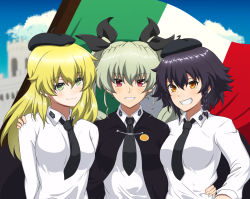 Rule 34 | 3girls, ada badguy, anchovy (girls und panzer), anzio school uniform, arm around waist, arm on another&#039;s shoulder, black hair, black neckwear, blonde hair, blush, braid, breasts, brown eyes, cape, carpaccio (girls und panzer), girls und panzer, green eyes, green hair, grin, hair ornament, hair ribbon, hat, highres, italian flag, large breasts, looking at viewer, multiple girls, necktie, outdoors, pepperoni (girls und panzer), red eyes, ribbon, school uniform, short hair, sky, smile, twintails