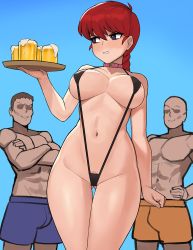Rule 34 | 1girl, 2boys, alcohol, areola slip, artist name, bdsm, beer, beer mug, black eyes, black one-piece swimsuit, braid, breasts, breasts apart, clenched teeth, collar, cowboy shot, cup, donburi (donburikazoku), faceless, faceless male, female pubic hair, highres, large breasts, long hair, mug, multiple boys, navel, one-piece swimsuit, patreon username, pubic hair, pubic hair peek, ranma 1/2, red hair, red pubic hair, revealing clothes, saotome ranma, signature, single braid, slave, slingshot swimsuit, solo focus, swimsuit, teeth, thighs, third-party edit, tray