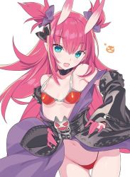 Rule 34 | 1girl, :d, armor, bikini armor, black bow, black sleeves, blade (galaxist), blue eyes, bow, commentary request, cowboy shot, detached sleeves, elizabeth bathory (brave) (fate), elizabeth bathory (fate), fang, fate/grand order, fate (series), gluteal fold, groin, hair between eyes, hair bow, hair ribbon, horns, jack-o&#039;-lantern, long hair, long sleeves, looking at viewer, navel, official alternate costume, open mouth, oversized clothes, pink hair, pointy ears, purple ribbon, red armor, ribbon, simple background, sleeves past wrists, smile, solo, thigh gap, two side up, very long hair, white background, wide sleeves