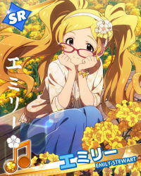 Rule 34 | 10s, 1girl, :3, beamed quavers, bespectacled, blonde hair, bracelet, character name, character signature, emily stewart, field, flower, flower field, glasses, hairband, idolmaster, idolmaster million live!, jewelry, long hair, looking at viewer, musical note, official art, purple eyes, signature, smile, twintails