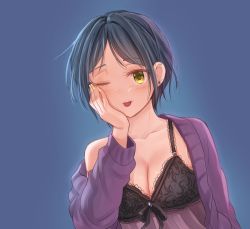 Rule 34 | 10s, 1girl, absurdres, black bra, black hair, blush, bra, breasts, cleavage, closed mouth, collarbone, hayami kanade, highres, idolmaster, idolmaster cinderella girls, kamille (vcx68), large breasts, nail polish, one eye closed, solo, sweater, tongue, tongue out, underwear, upper body, yellow eyes, yellow nails