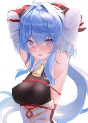Rule 34 | 1girl, @ @, absurdres, ahoge, armpits, arms behind head, arms up, bare shoulders, bell, black leotard, blue hair, blush, breasts, cowbell, detached collar, detached sleeves, embarrassed, covered erect nipples, floating hair, ganyu (genshin impact), genshin impact, goat horns, gold trim, highres, horns, leotard, long hair, long sleeves, looking at viewer, low ponytail, medium breasts, nose blush, open mouth, purple eyes, shouu-kun, simple background, solo, sweat, upper body, white background