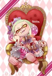 Rule 34 | + +, 1girl, :d, alternate costume, artist name, bow, brown bow, checkered background, crossed legs, crown, dress, fangs, frilled dress, frills, full body, gem, hair ornament, inkling, jewelry, lesuna, long sleeves, looking at viewer, mini crown, mole, mole under mouth, multicolored hair, nintendo, open mouth, pantyhose, pearl (gemstone), pearl (splatoon), pink bow, pink dress, pink hair, puffy long sleeves, puffy sleeves, ring, short hair, sitting, smile, solo, splatoon (series), splatoon 2, striped clothes, striped legwear, striped pantyhose, teeth, thick eyebrows, throne, two-tone hair, white hair, yellow eyes