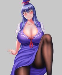 Rule 34 | 1girl, absurdres, arm support, blue dress, blue hair, blue hat, blush, breasts, brown pantyhose, cleavage, closed mouth, collarbone, commentary request, dress, foot out of frame, grey background, hair between eyes, hat, highres, huge breasts, kamishirasawa keine, knee up, large breasts, leaning back, long hair, looking away, looking to the side, mimasi osuwari, panties, panty peek, pantyhose, pinafore dress, puffy short sleeves, puffy sleeves, red eyes, short sleeves, sidelocks, simple background, sitting, sleeveless, sleeveless dress, smile, solo, thighband pantyhose, thighs, touhou, underwear, upskirt