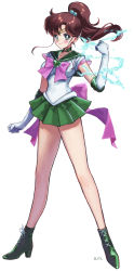 Rule 34 | 1girl, absurdres, back bow, bare legs, bishoujo senshi sailor moon, blush, bow, bowtie, brooch, brown hair, choker, circlet, clenched hand, closed mouth, collarbone, collared shirt, electricity, floating hair, full body, gloves, green choker, green eyes, green footwear, green sailor collar, green skirt, hair between eyes, hair bobbles, hair ornament, heart, heart brooch, high ponytail, highres, kino makoto, legs, long hair, miniskirt, p m ame, pink bow, pink bowtie, pleated skirt, sailor collar, sailor jupiter, sailor senshi uniform, sailor shirt, shirt, simple background, skirt, sleeveless, sleeveless shirt, smile, solo, standing, star (symbol), star choker, white background, white gloves, white shirt