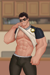 Rule 34 | 1boy, absurdres, bara, bare pectorals, beard stubble, black hair, bulge, clothes lift, facial hair, feet out of frame, highres, huge eyebrows, large pectorals, lifted by self, looking at viewer, lucas lee, male focus, male underwear, male underwear peek, muscular, muscular male, natezhang (nate m evans), pants, pectorals, scott pilgrim (series), scott pilgrim takes off, shirt, shirt lift, short hair, short sleeves, smile, solo, standing, stubble, sunglasses, t-shirt, thighs, tight clothes, tight shirt, underwear