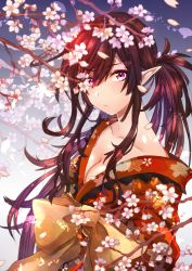 Rule 34 | 1girl, :/, blue background, branch, breasts, brown hair, cherry blossoms, cleavage, collarbone, floral print, gradient background, hair between eyes, japanese clothes, kimono, long hair, looking at viewer, meshiuma tarou, obi, original, pointy ears, ponytail, red eyes, sash, solo, upper body