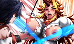 Rule 34 | 2girls, attack, bare shoulders, black hair, blonde hair, blush, bouncing breasts, breasts, breasts out, commentary request, commission, cuffs, highres, horns, hoshiguma yuugi, large breasts, long hair, looking at another, multiple girls, nipples, open mouth, parted bangs, pixiv commission, red eyes, red pupils, sendai hakurei no miko, shackles, shirt, short sleeves, sidelocks, single horn, solo focus, sweatdrop, t-shirt, torn clothes, torn shirt, touhou, unaligned breasts, v-neck, white shirt, yagami (mukage)