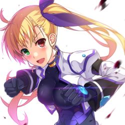 Rule 34 | 1girl, aged up, black bodysuit, black gloves, blonde hair, blue ribbon, blurry, blurry foreground, bodysuit, commentary, depth of field, fighting stance, gloves, green eyes, hair ribbon, heterochromia, jacket, long hair, long sleeves, looking at viewer, lyrical nanoha, magical girl, mahou shoujo lyrical nanoha vivid, open mouth, red eyes, ribbon, rumeha (aormsj22), side ponytail, smile, solo, standing, upper body, vivio, white jacket