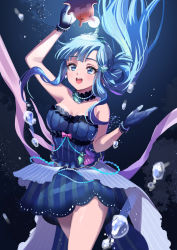 Rule 34 | 1girl, :d, absurdres, air bubble, arm up, asari nanami, bare shoulders, black gloves, blue dress, blue eyes, blue hair, breasts, bubble, cleavage, collarbone, commentary request, dress, gloves, hand up, highres, idolmaster, idolmaster cinderella girls, long hair, medium breasts, open mouth, pizzasi, smile, solo, strapless, strapless dress, striped clothes, striped dress, vertical-striped clothes, vertical-striped dress, very long hair, water