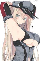 Rule 34 | 10s, 1girl, armpits, arms behind head, bare shoulders, bismarck (kancolle), bismarck drei (kancolle), black gloves, blonde hair, blue eyes, blush, breasts, closed mouth, elbow gloves, gloves, grey hat, grey jacket, hair between eyes, hat, highres, jacket, kantai collection, large breasts, long hair, looking at viewer, nao (qqqbb), peaked cap, sideboob, simple background, sketch, solo, twitter username, underboob, white background