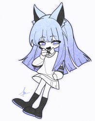 Rule 34 | 1girl, anata shika mienai no (vocaloid), animal ears, annnnn, black footwear, blue hair, blunt ends, blush, boots, bright pupils, chibi, collared shirt, commentary request, full body, gradient hair, half-closed eyes, highres, knee boots, long hair, looking at viewer, multicolored hair, open mouth, partially colored, pleated skirt, purple eyes, purple hair, shirt, signature, simple background, skirt, smile, solo, sweater, white background, white pupils