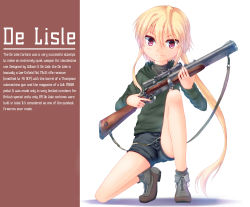 Rule 34 | 1girl, bad id, bad pixiv id, blonde hair, bolt-action rifle, carbine, de lisle carbine, dreadtie, english text, fang, gun, highres, hood, hoodie, integral suppressor, integrally-suppressed firearm, jessica jefferson, long hair, original, pistol-caliber carbine, ponytail, red eyes, rifle, shorts, sidelocks, solo, suppressor, very long hair, weapon