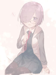 Rule 34 | 1girl, :d, between breasts, black dress, black pantyhose, blush, breasts, collared dress, commentary request, dress, eyes visible through hair, fate/grand order, fate (series), feet out of frame, glasses, hair over one eye, hand up, highres, jacket, long sleeves, looking at viewer, mash kyrielight, medium breasts, necktie, necktie between breasts, nikki kyousuke, open clothes, open jacket, open mouth, pantyhose, pleated dress, purple eyes, purple hair, red necktie, smile, solo, white jacket