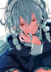 Rule 34 | 1girl, braid, close-up, embodiment of scarlet devil, female focus, gradient background, hand on own cheek, hand on own face, izayoi sakuya, maid, maid headdress, manyako (mohumohu), red eyes, short hair, silver hair, solo, touhou, twin braids, white background