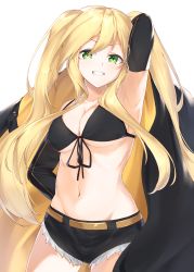 Rule 34 | 1girl, :d, absurdres, arm up, armpits, azur lane, bikini, bikini top only, black bikini, black coat, black gloves, black ribbon, black shorts, breasts, cleavage, coat, collarbone, commentary request, cowboy shot, cutoffs, elbow gloves, front-tie bikini top, front-tie top, gloves, green eyes, grin, highres, hornet (azur lane), karla (kimidori3), large breasts, long hair, navel, open clothes, open coat, open mouth, ribbon, short shorts, shorts, sidelocks, simple background, smile, solo, stomach, swimsuit, teeth, twintails, underboob, v-shaped eyebrows, very long hair, white background