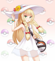 Rule 34 | 1girl, adjusting clothes, arm up, bag, bare shoulders, blonde hair, blue flower, blush, bow, braid, collarbone, creatures (company), dress, flower, game freak, gradient background, green eyes, hair bow, hand up, hat, hat bow, hat flower, highres, lillie (pokemon), long hair, looking at viewer, naojiang tangyuan, nintendo, open mouth, pink background, poke ball, pokemon, pokemon sm, red bow, see-through, simple background, sleeveless, sleeveless dress, solo, standing, sun hat, twin braids, white background, white dress, white hat, wristband, yellow flower