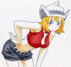 Rule 34 | 00s, 1girl, bent over, between breasts, blonde hair, blue eyes, blush, blush stickers, breasts, gorigo, hand on own hip, hat, highres, hip focus, large breasts, marker (medium), midriff, necktie, patricia thompson, scan, short hair, shorts, simple background, solo, soul eater, traditional media, turtleneck