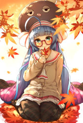 Rule 34 | 1girl, ahoge, autumn leaves, beige cardigan, blue hair, buttons, cardigan, closed mouth, commentary request, eel hat, eyes visible through hair, glasses, green eyes, hair spread out, hand up, head tilt, highres, holding, holding leaf, huge ahoge, leaf, light blue hair, long hair, long sleeves, looking at viewer, miniskirt, no shoes, otomachi una, otomachi una (talkex), pantyhose, plaid, plaid legwear, pleated skirt, raised eyebrows, rerrere, sailor collar, school uniform, semi-rimless eyewear, sitting, skirt, smile, soles, solo, under-rim eyewear, very long hair, vocaloid, voiceroid, wariza, white neckwear, white sailor collar, white skirt