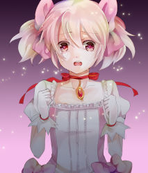 Rule 34 | 10s, bad id, bad pixiv id, bow, gloves, hair bow, hair ribbon, highres, kaname madoka, magical girl, mahou shoujo madoka magica, mahou shoujo madoka magica (anime), open mouth, pink eyes, pink hair, ribbon, sad, shishina, short hair, short twintails, solo, tears, twintails