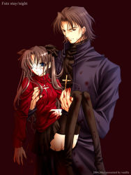 Rule 34 | 00s, 1boy, 1girl, black thighhighs, blood, blood on face, fate/stay night, fate (series), kotomine kirei, thighhighs, tohsaka rin, turtleneck, twintails, two side up, vanilla (artist), vanilla (nicolla)