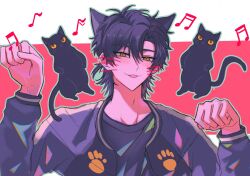 1boy :3 animal_ears beamed_eighth_notes black_hair black_shirt blush cat cat_boy cat_day cat_ears cat_tail cheng_xiaoshi eighth_note highres jacket long_sleeves looking_at_viewer male_focus multicolored_jacket musical_note outline paw_pose paw_print qianmo_saya quarter_note shiguang_dailiren shirt short_hair smile solo tail tongue tongue_out upper_body whiskers yellow_eyes