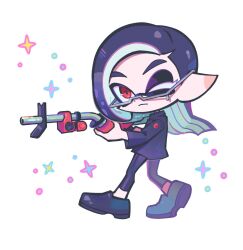 Rule 34 | 1boy, black hair, closed mouth, commentary request, deformed, e-liter 4k (splatoon), full body, glasses, gun, highres, holding, holding gun, holding weapon, inkling, inkling boy, inkling player character, korean commentary, long hair, male focus, nintendo, one eye closed, pointy ears, red eyes, simple background, solo, sparkle, splatoon (series), splatoon 3, standing, tentacle hair, ufo sw, weapon, white background
