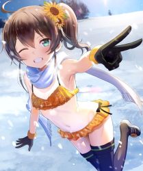 Rule 34 | 1girl, absurdres, ahoge, aqua eyes, armpits, bare shoulders, bikini, bikini skirt, black gloves, black thighhighs, brown hair, day, flower, fringe trim, gloves, grin, hair between eyes, hair flower, hair ornament, highres, hololive, leg up, long hair, looking at viewer, natsuiro matsuri, natsuiro matsuri (hololive summer 2019), navel, one eye closed, outdoors, outstretched arm, sandals, scarf, seicoh, side ponytail, smile, snow, snowing, solo, stomach, sunflower, swimsuit, thighhighs, thighs, v, virtual youtuber, yellow bikini