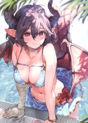 Rule 34 | 1girl, absurdres, arm support, bandages, bandaged arm, bandages, bangle, bikini, bikini skirt, blue bikini, blurry, blush, bracelet, breasts, choker, cleavage, closed mouth, collarbone, depth of field, dragon girl, flower, granblue fantasy, grea (shingeki no bahamut), hair between eyes, highres, horns, jewelry, large breasts, looking at viewer, navel, parsley-f, pink eyes, pointy ears, poolside, princess connect!, princess connect!, purple hair, scan, shingeki no bahamut, short hair, smile, solo, swimsuit, wet, wings