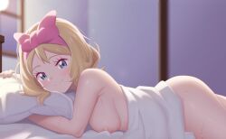 Rule 34 | 1girl, ass, blonde hair, blue eyes, blurry, blurry background, blush, bow hairband, closed mouth, commentary, creatures (company), english commentary, eyelashes, from side, game freak, gazing eye, hairband, highres, indoors, looking at viewer, lying, nintendo, nude, on stomach, pillow, pink hairband, pokemon, pokemon (anime), pokemon xy (anime), serena (pokemon), short hair, smile, solo, sweat, wet
