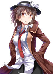 Rule 34 | 1girl, :c, brown eyes, brown hair, coat, e.o., hands in pockets, hat, hat ribbon, highres, long sleeves, looking at viewer, necktie, open clothes, open coat, ribbon, shirt, skirt, solo, touhou, usami renko