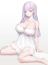 Rule 34 | 1girl, absurdres, azur lane, bare arms, blush, breasts, cleavage, collarbone, dress, hair behind ear, highres, iridescent, karadaikon, large breasts, legs, light blush, long hair, looking at viewer, parted lips, plymouth (azur lane), purple eyes, purple hair, see-through, simple background, sitting, sleeveless, sleeveless dress, solo, stomach, thighs, wariza, white background, white dress