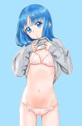 Rule 34 | 1girl, :o, absurdres, blue background, blue eyes, blue hair, bra, breasts, clothes lift, commentary, cowboy shot, grey sweater, head tilt, heartcatch precure!, highres, kuppipi ramutarou, kurumi erika, lifted by self, long sleeves, looking at viewer, medium hair, navel, no pants, outline, panties, parted lips, pink bra, pink panties, precure, shirt lift, small breasts, solo, standing, string panties, sweater, underwear, white outline
