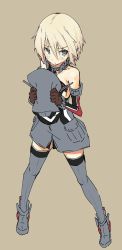 Rule 34 | 10s, 1girl, alternate hair length, alternate hairstyle, bad anatomy, bad id, bad twitter id, bismarck (kancolle), blonde hair, blue eyes, blush, boots, brown gloves, detached sleeves, full body, gloves, grey thighhighs, hat, unworn hat, unworn headwear, holding, holding clothes, holding hat, iwasaki takashi, kantai collection, short hair, solo, standing, thigh boots, thighhighs