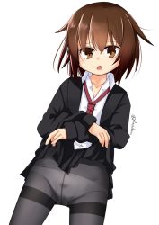 Rule 34 | 1girl, black jacket, black pantyhose, blazer, brown eyes, brown hair, clothes lift, commentary request, cowboy shot, highres, jacket, kantai collection, looking at viewer, nassukun, necktie, one-hour drawing challenge, panties, panties under pantyhose, pantyhose, pleated skirt, red necktie, school uniform, short hair, simple background, skirt, skirt lift, solo, standing, thighband pantyhose, underwear, wakaba (kancolle), white background, white panties