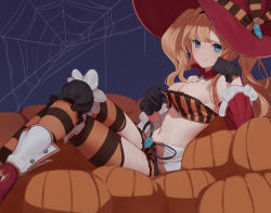 Rule 34 | 1girl, anouetto, bad id, bad pixiv id, bandeau, bare shoulders, black gloves, black thighhighs, blonde hair, blue eyes, blush, breasts, cleavage, clothes pull, commentary request, crop top, detached collar, detached sleeves, from side, gloves, granblue fantasy, hat, highres, large breasts, long hair, midriff, navel, orange thighhighs, pumpkin, red hat, silk, smile, solo, spider web, striped clothes, striped thighhighs, thighhighs, twintails, witch hat, zeta (granblue fantasy), zeta (halloween) (granblue fantasy)
