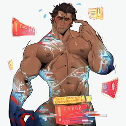 Rule 34 | 1boy, bara, biceps, blush, bodysuit, censored, chris sdd, claws, dark-skinned male, dark skin, digital dissolve, glitch, glitch censor, hair slicked back, highres, large pectorals, male focus, male pubic hair, marvel, mature male, miguel o&#039;hara, muscular, muscular male, nipples, partially undressed, pectorals, pubic hair, solo, spider-man: across the spider-verse, spider-man (series), spider-verse, sweat, torn bodysuit, torn clothes, two-tone bodysuit