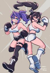 Rule 34 | 2girls, ;d, amazu (kurozu), ass, bare shoulders, black choker, black footwear, black hair, black shorts, black thighhighs, blue eyes, boots, boxing gloves, breasts, brown background, choker, cleavage, collarbone, commentary, commission, cross-laced footwear, english commentary, floating hair, grey ribbon, grin, hair between eyes, hair ribbon, highres, knee boots, kneepits, lace-up boots, long hair, medium breasts, mole, mole on breast, multiple girls, one eye closed, open mouth, original, ponytail, purple hair, ribbon, short shorts, shorts, smile, sports bra, thank you, thighhighs, thighhighs under boots, twintails, very long hair, white footwear, white shorts