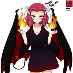 Rule 34 | 1girl, aikazilla, artist logo, artist name, black dress, black wings, breasts, brown eyes, cleavage, clothing cutout, commentary, cowboy shot, demon girl, demon horns, demon tail, demon wings, doyagao, dress, english text, fire, fire, girls und panzer, happy halloween, highres, horns, long sleeves, looking at viewer, medium breasts, medium hair, red hair, rosehip (girls und panzer), short dress, shoulder cutout, signature, simple background, smirk, smug, solo, standing, tail, twitter username, white background, wide sleeves, wings