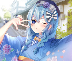Rule 34 | 1girl, beret, blue eyes, blue hair, blue headwear, blue kimono, blue nails, blurry, blurry background, blush, bow, braid, closed mouth, commentary, day, depth of field, floral print, flower, grey bow, hair between eyes, hair bow, hair flower, hair ornament, hair over shoulder, hand up, hat, highres, hololive, hoshimachi suisei, hoshimachi suisei (new year), japanese clothes, kimono, long hair, looking at viewer, low twintails, nail polish, obi, one eye closed, outdoors, print kimono, purple flower, purple rose, reaching, reaching towards viewer, rose, rukinya (nyanko mogumogu), sash, selfie, short sleeves, solo focus, star (symbol), star in eye, striped, striped bow, symbol in eye, twin braids, twintails, v, virtual youtuber, wide sleeves