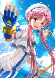 Rule 34 | 1girl, :d, aria (manga), artist name, beret, bird, blue bow, blue bowtie, blue gloves, blue ribbon, blue sky, blurry, blurry background, bow, bowtie, breasts, cloud, cloudy sky, cowboy shot, dress, dutch angle, fingerless gloves, floating island, gloves, gold trim, green eyes, hair tubes, hat, hat ribbon, highres, holding, holding oar, impossible clothes, impossible dress, lens flare, mizunashi akari, oar, open mouth, outdoors, parted bangs, pink hair, ribbon, sailor collar, seagull, short hair with long locks, short sleeves, signature, single glove, sky, small breasts, smile, solo, standing, teeth, telaform, upper teeth only, white dress, white hat