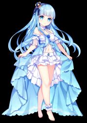 Rule 34 | 1girl, ankle garter, barefoot, black background, blue dress, blue eyes, blue hair, blunt bangs, breasts, chuor (chuochuoi), cleavage, closed mouth, detached collar, dress, feet, full body, halterneck, head tilt, layered skirt, legs, long hair, medium breasts, navel, original, see-through, short sleeves, simple background, skirt, skirt hold, smile, solo, standing, tiptoes, very long hair, white skirt