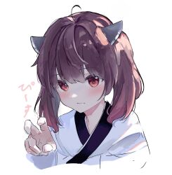 Rule 34 | 1girl, ahoge, blush, brown hair, closed mouth, cropped torso, hand up, headgear, highres, japanese clothes, kimono, long sleeves, looking at viewer, medium hair, red eyes, simazuzuzuzu, simple background, solo, touhoku kiritan, twintails, upper body, voiceroid, white background, white kimono