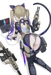 Rule 34 | 1girl, absurdres, all fours, android, asagon007, ass, back cutout, blonde hair, cameltoe, chaps, clothing cutout, computer, extra ears, female focus, fingerless gloves, from behind, gloves, gradient hair, gun, highres, knife, laptop, multicolored hair, original, pouch, purple hair, rifle, science fiction, simple background, solo, tail, tail through clothes, twintails, weapon, white background, wire