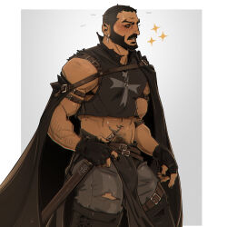 Rule 34 | 1boy, abs, arm hair, bara, bare shoulders, beard, black hair, black nails, boots, bulge, buzz cut, castlevania, castlevania: nocturne, chris sdd, cloak, cropped shirt, cross, cross earrings, cross print, dark-skinned male, dark skin, earrings, eyelashes, facial hair, fingerless gloves, flying sweatdrops, gloves, highres, jewelry, large pectorals, leather, leather pants, looking ahead, male focus, mature male, midriff, mizrak (castlevania), muscular, muscular male, navel, navel hair, nervous, nipples, pants, pectorals, pelvic curtain, priest, short hair, sidepec, solo, sparkle, thick eyebrows, thick mustache, thick thighs, thigh boots, thighs, torn clothes, torn pants, very short hair