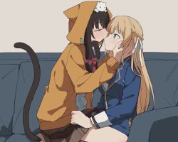 Rule 34 | 2girls, asakura karen (heaven burns red), black hair, blonde hair, blue jacket, bow, braid, cat tail, coldcat., couch, green eyes, hair ribbon, hands on another&#039;s face, heart, heaven burns red, highres, hood, hood up, hooded jacket, imminent kiss, jacket, long hair, long sleeves, multiple girls, plaid, plaid skirt, red bow, ribbon, second-party source, skirt, tail, toujou tsukasa, white ribbon, yellow eyes, yellow jacket, yuri