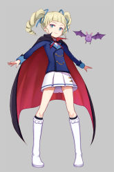 Rule 34 | 10s, 1girl, aikatsu!, aikatsu! (series), bat (animal), bat wings, blonde hair, blue ribbon, blunt bangs, blush, boots, cape, closed mouth, drill hair, fang, full body, green eyes, grey background, hair ribbon, highres, jacket, knee boots, long hair, long sleeves, looking at viewer, outstretched arms, pleated skirt, purea, ribbon, school uniform, simple background, skirt, smile, socks, solo, standing, starlight academy school uniform, todo yurika, twin drills, twintails, uniform, white footwear, white hair, wings