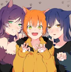 Rule 34 | 3girls, animal ears, blue hair, blush, cat ears, commentary request, fang, fur trim, green eyes, grin, hair between eyes, hoshizora rin, kemonomimi mode, lily white (love live!), long hair, looking at viewer, love live!, love live! school idol project, multiple girls, nagimori shou, open mouth, orange hair, paw pose, paw print, purple hair, sandwiched, short hair, smile, sonoda umi, tojo nozomi, twintails, upper body, yellow eyes