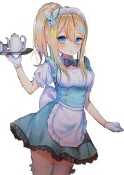 Rule 34 | 1girl, :o, alternate costume, alternate hairstyle, apron, bad id, bad twitter id, blonde hair, blue dress, blue eyes, breasts, cowboy shot, cup, dress, enmaided, girls&#039; frontline, gloves, hair between eyes, hair ornament, hanato (seonoaiko), hand up, high ponytail, highres, holding, holding tray, long hair, looking at viewer, maid, maid apron, maid headdress, medium breasts, parted lips, ponytail, rabbit hair ornament, saucer, short sleeves, sidelocks, simple background, snowflake hair ornament, solo, standing, suomi (girls&#039; frontline), teacup, teapot, thighhighs, tray, waist apron, white background, white gloves, white thighhighs, zettai ryouiki