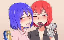 Rule 34 | 2girls, ;), blue hair, blue nails, can, come hither, commentary request, condom, condom in mouth, highres, holding, holding can, horikawa raiko, looking at viewer, mouth hold, multiple girls, nagae iku, one eye closed, red eyes, red hair, red nails, short hair, smile, touhou, upper body, zakku (kya--193)